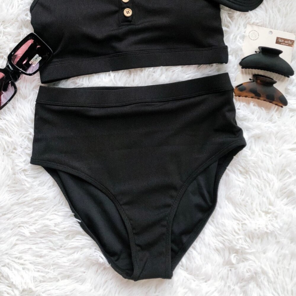 Mack & Mal NWT Black Ribbed Swim Bikini Bottoms High Rise Full Coverage